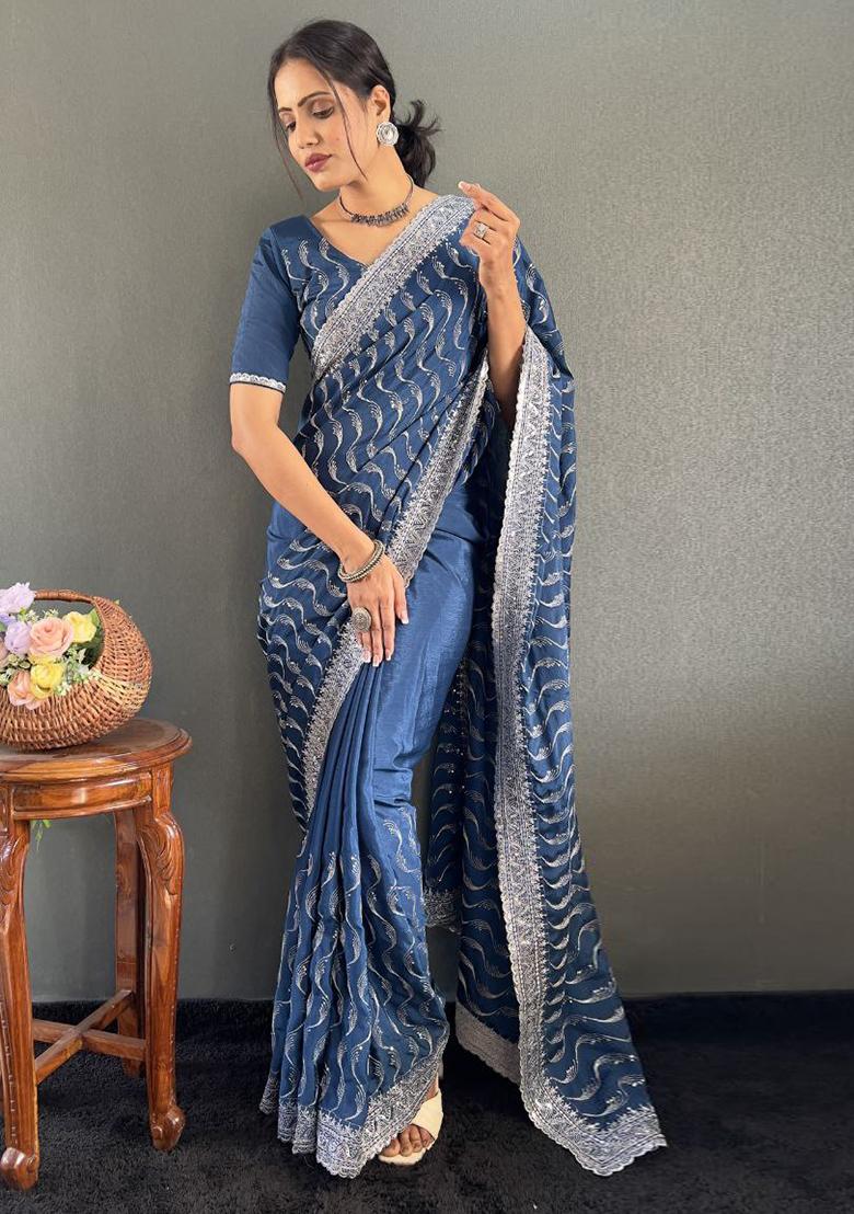 Sea Blue Embroidered Silk Pre Stitched Saree Set