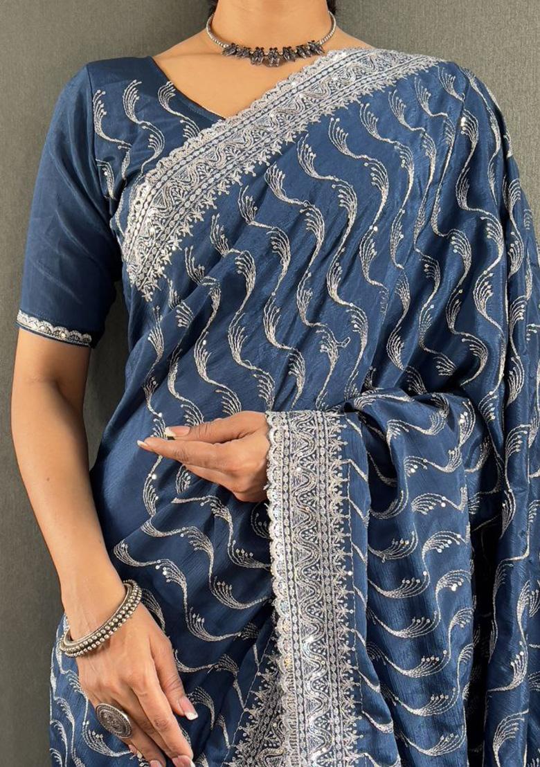 Sea Blue Embroidered Silk Pre Stitched Saree Set