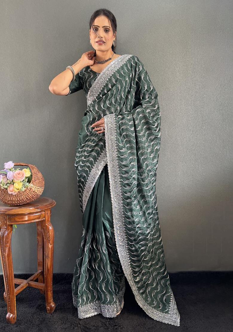 Sea Green Embroidered Silk Pre Stitched Saree Set