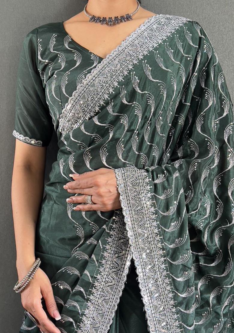 Sea Green Embroidered Silk Pre Stitched Saree Set
