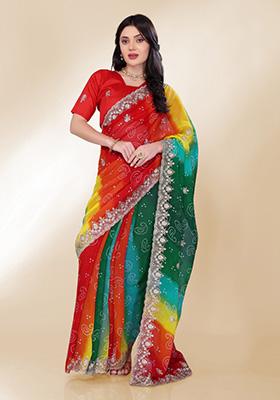 &nbsp;Multicolor&nbsp; Embroidered Georgette Saree Set