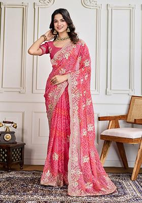 Pink Embroidered Georgette Saree Set