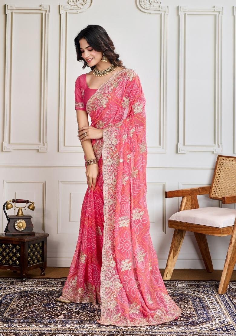 Pink Embroidered Georgette Saree Set