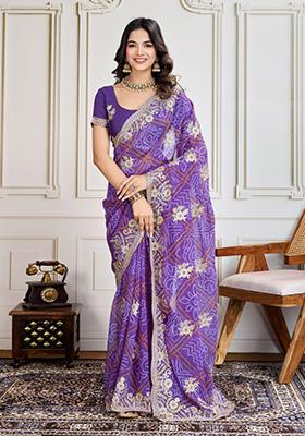 Purple Embroidered Georgette Saree Set