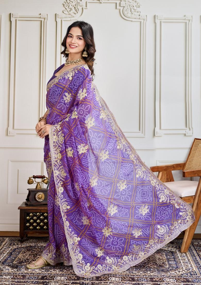 Purple Embroidered Georgette Saree Set