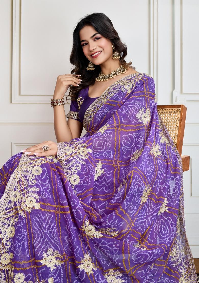 Purple Embroidered Georgette Saree Set