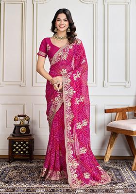 Rani Pink Embroidered Georgette Saree Set