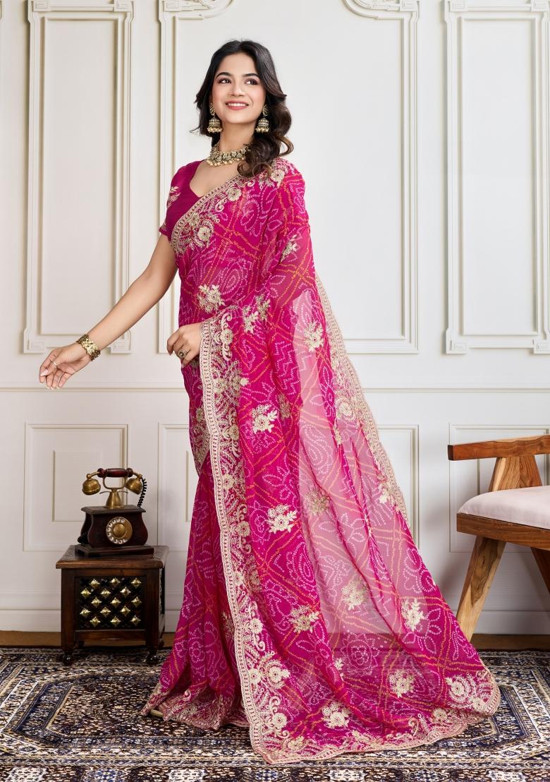 Rani Pink Embroidered Georgette Saree Set