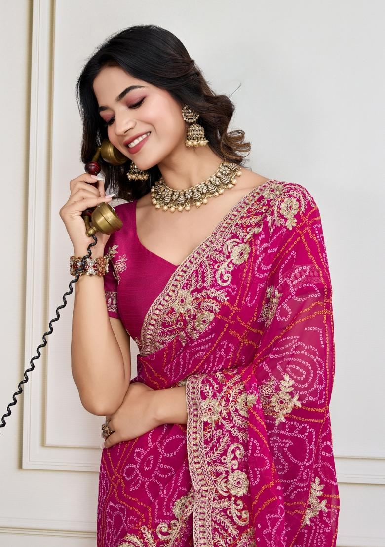 Rani Pink Embroidered Georgette Saree Set