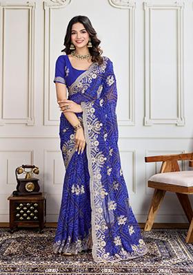 Blue Embroidered Georgette Saree Set