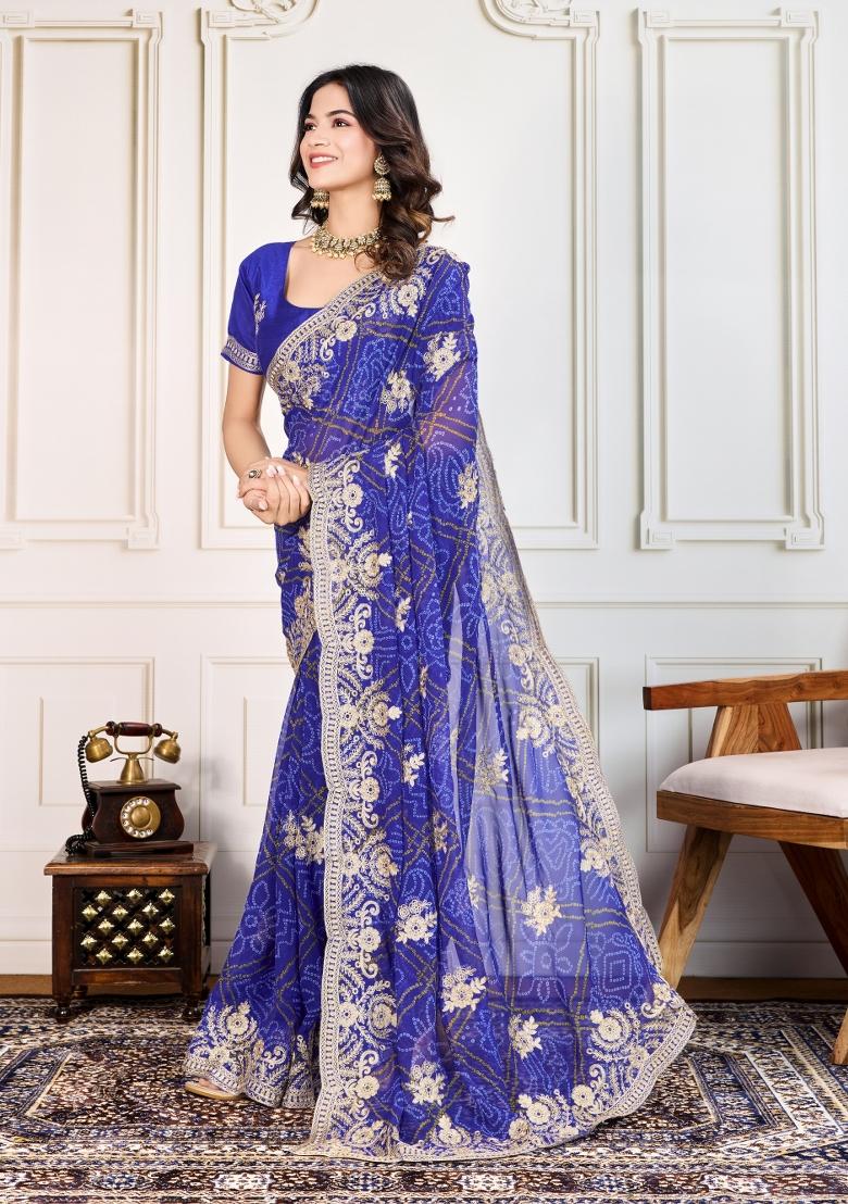 Blue Embroidered Georgette Saree Set