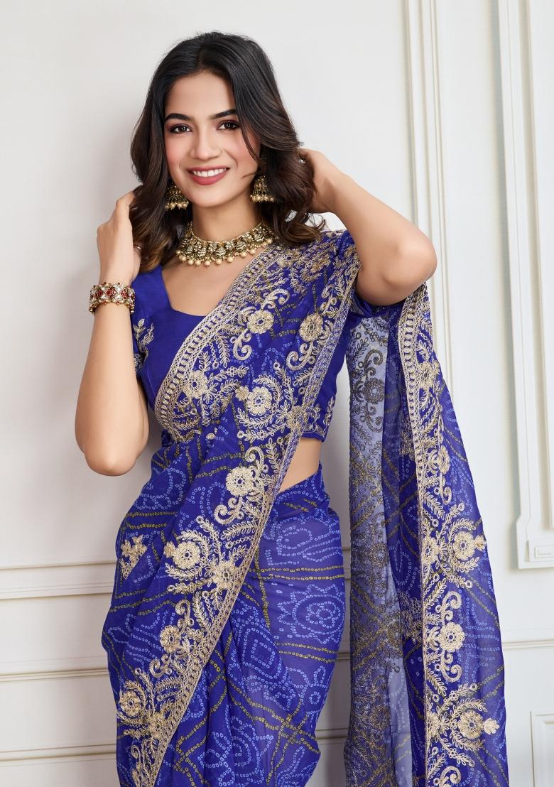 Blue Embroidered Georgette Saree Set