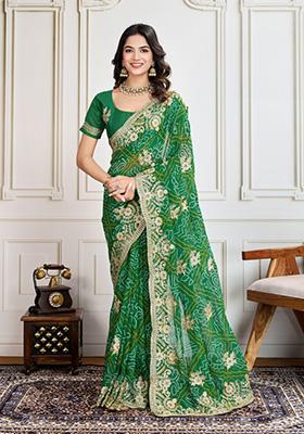 Green Embroidered Georgette Saree Set