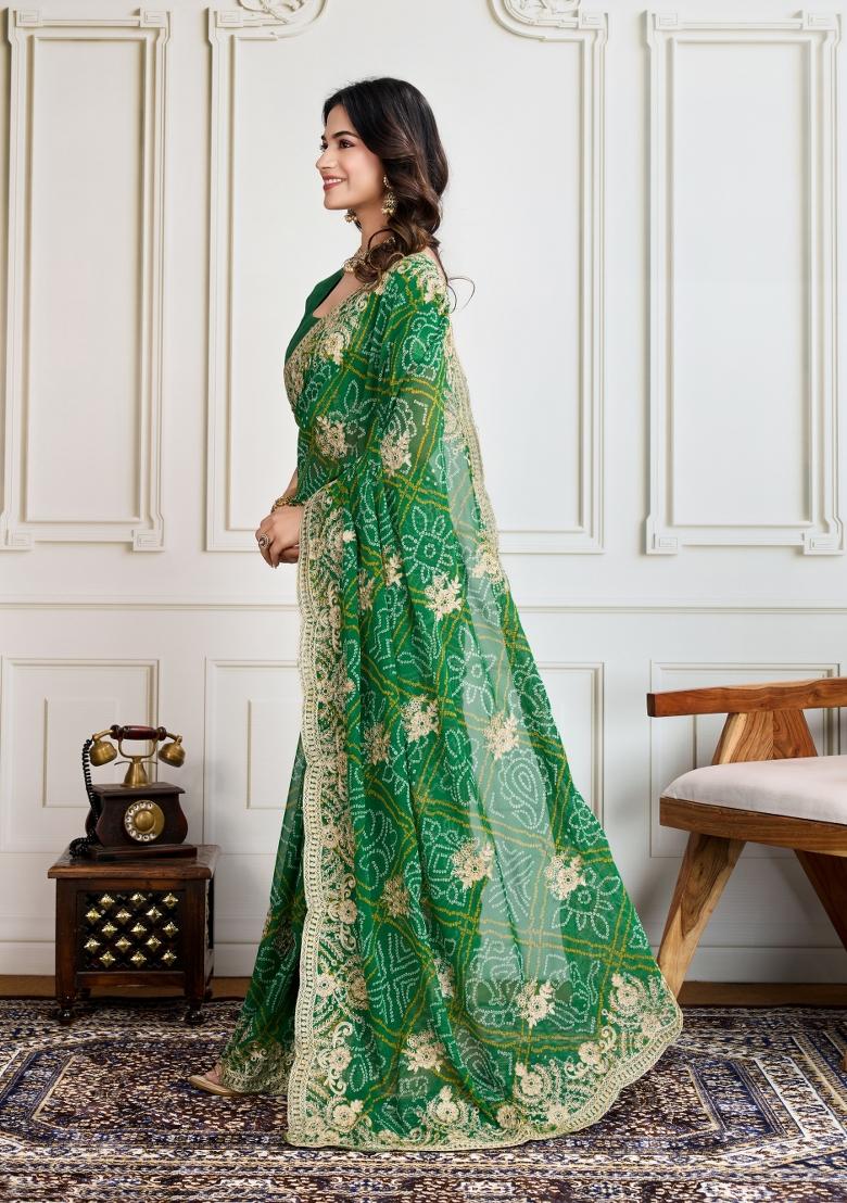 Green Embroidered Georgette Saree Set