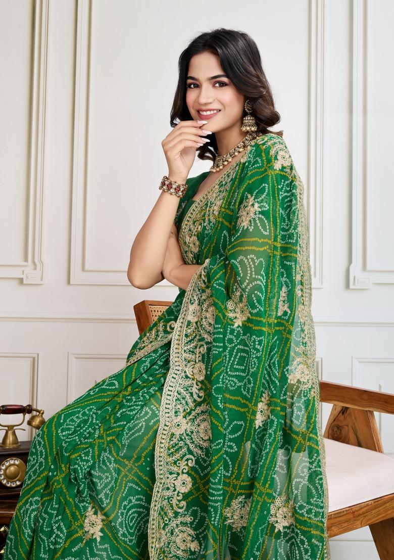 Green Embroidered Georgette Saree Set