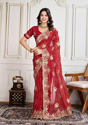 Red Embroidered Georgette Saree Set