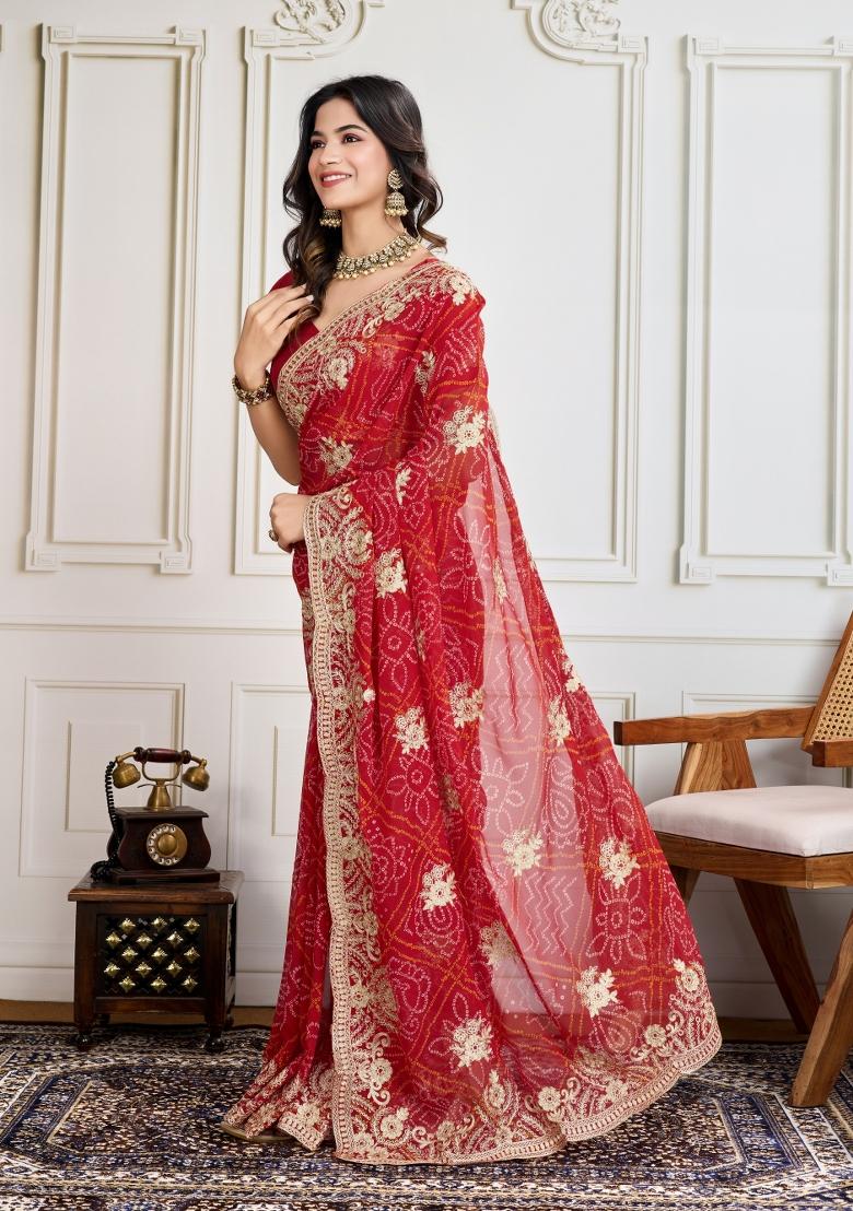 Red Embroidered Georgette Saree Set