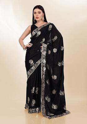 Black Embroidered Silk Saree Set