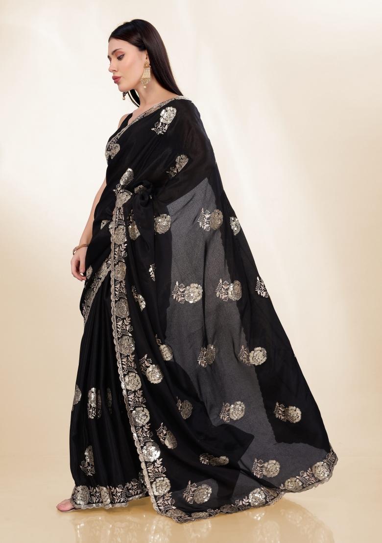 Black Embroidered Silk Saree Set