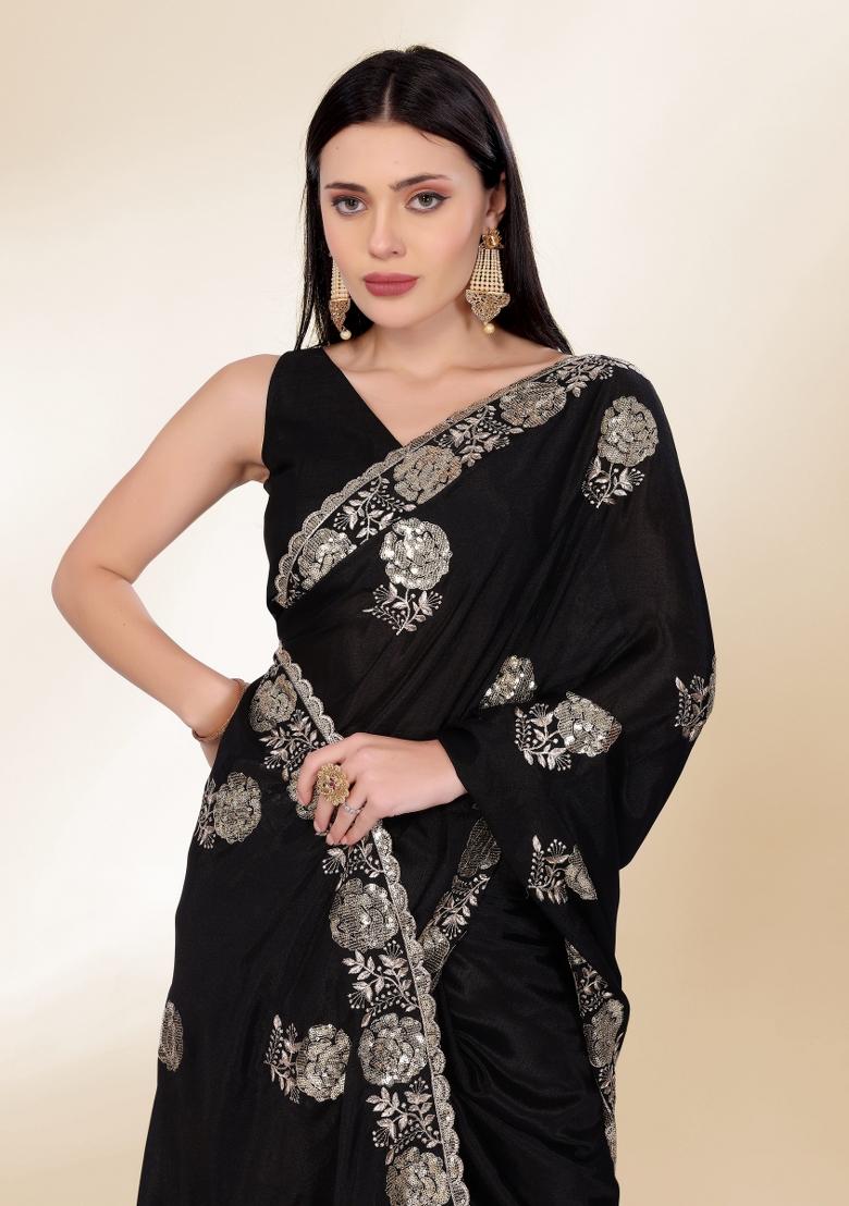 Black Embroidered Silk Saree Set