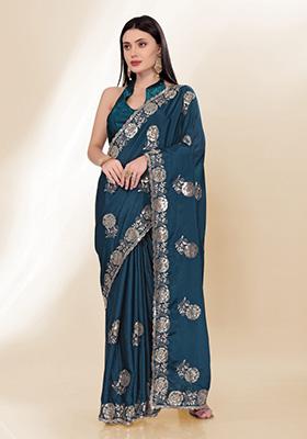 Blue Embroidered Silk Saree Set