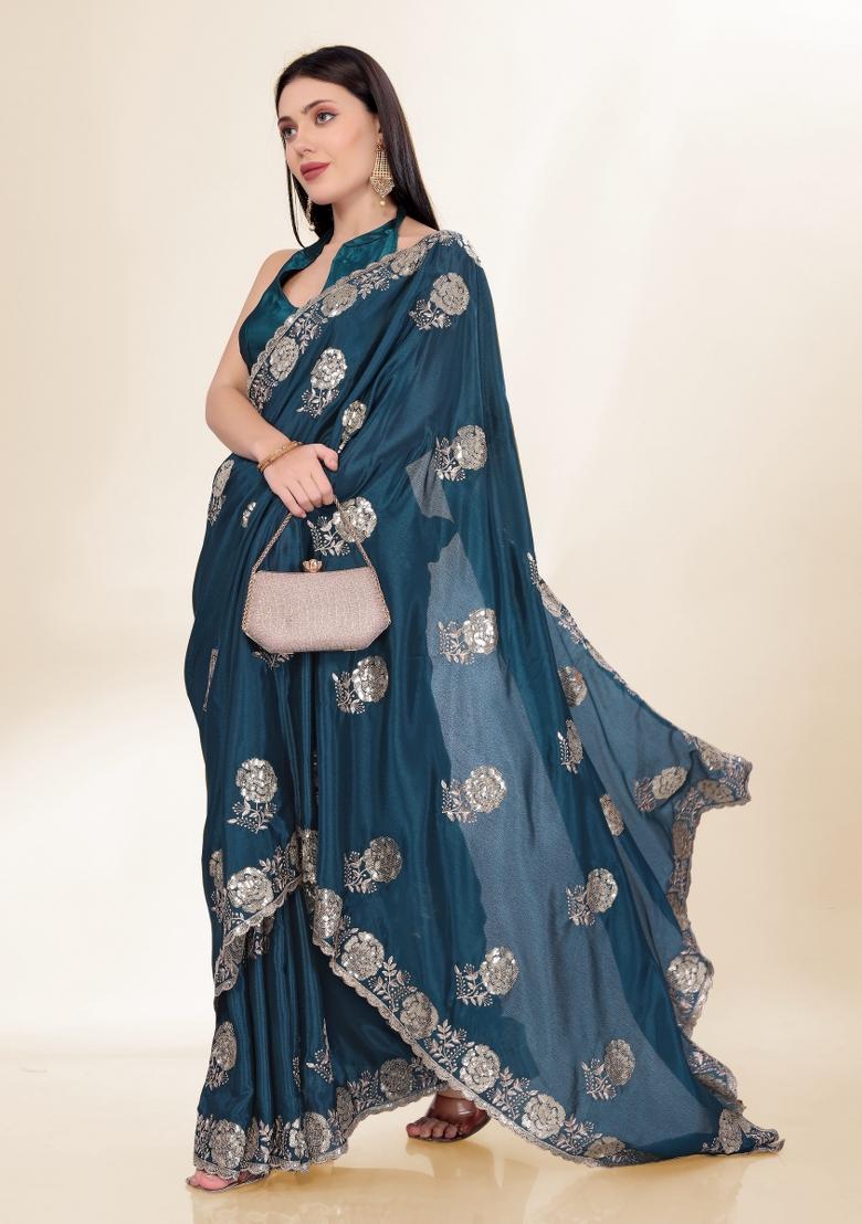 Blue Embroidered Silk Saree Set