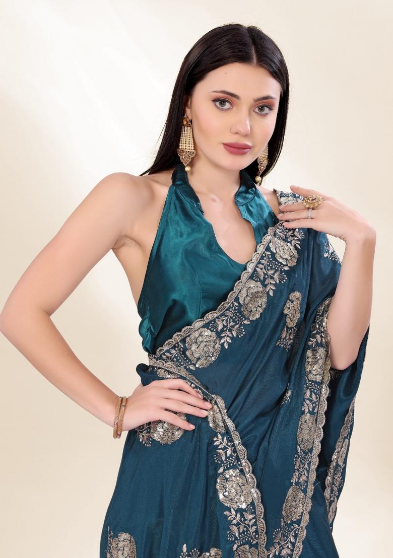 Blue Embroidered Silk Saree Set