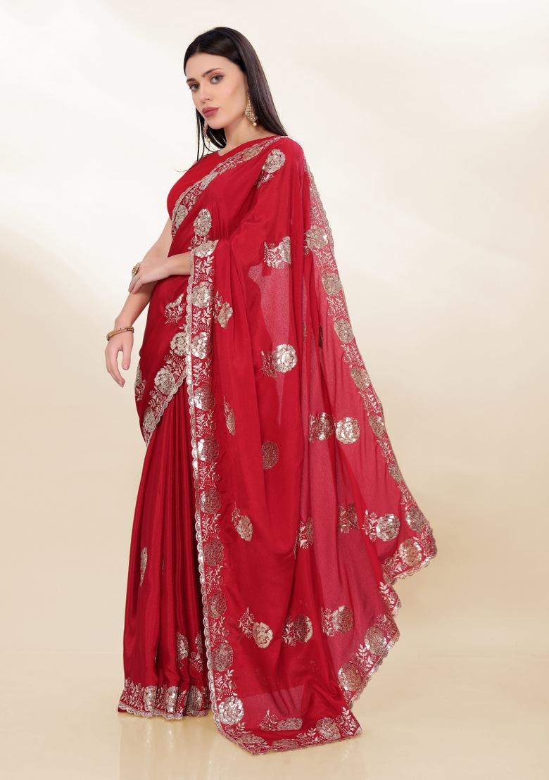 Red Embroidered Silk Saree Set