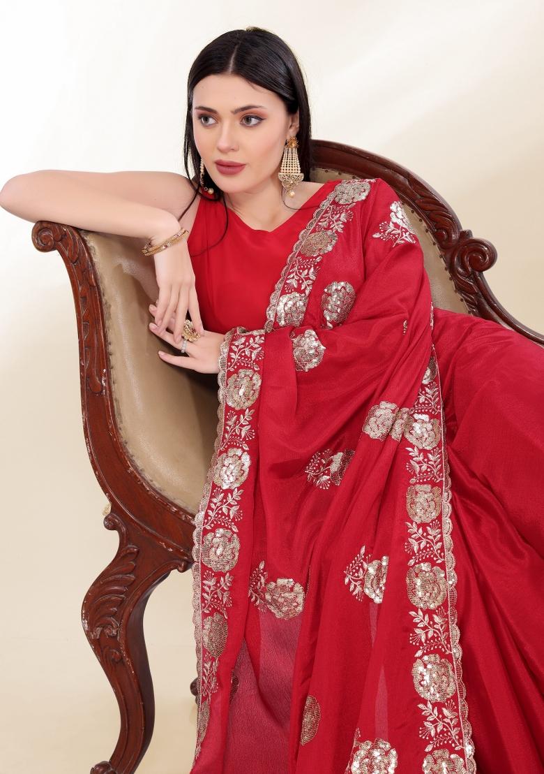 Red Embroidered Silk Saree Set