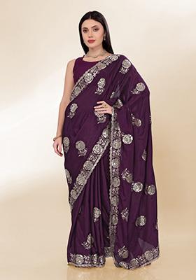 Purple Embroidered Silk Saree Set