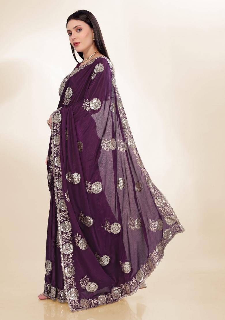 Purple Embroidered Silk Saree Set