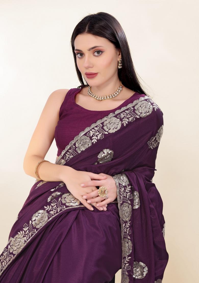 Purple Embroidered Silk Saree Set