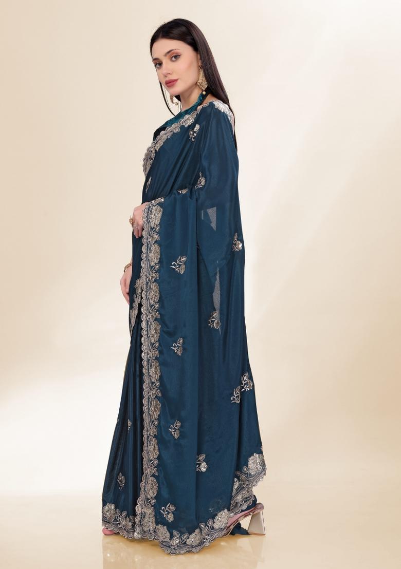 Blue Embroidered Silk Saree Set