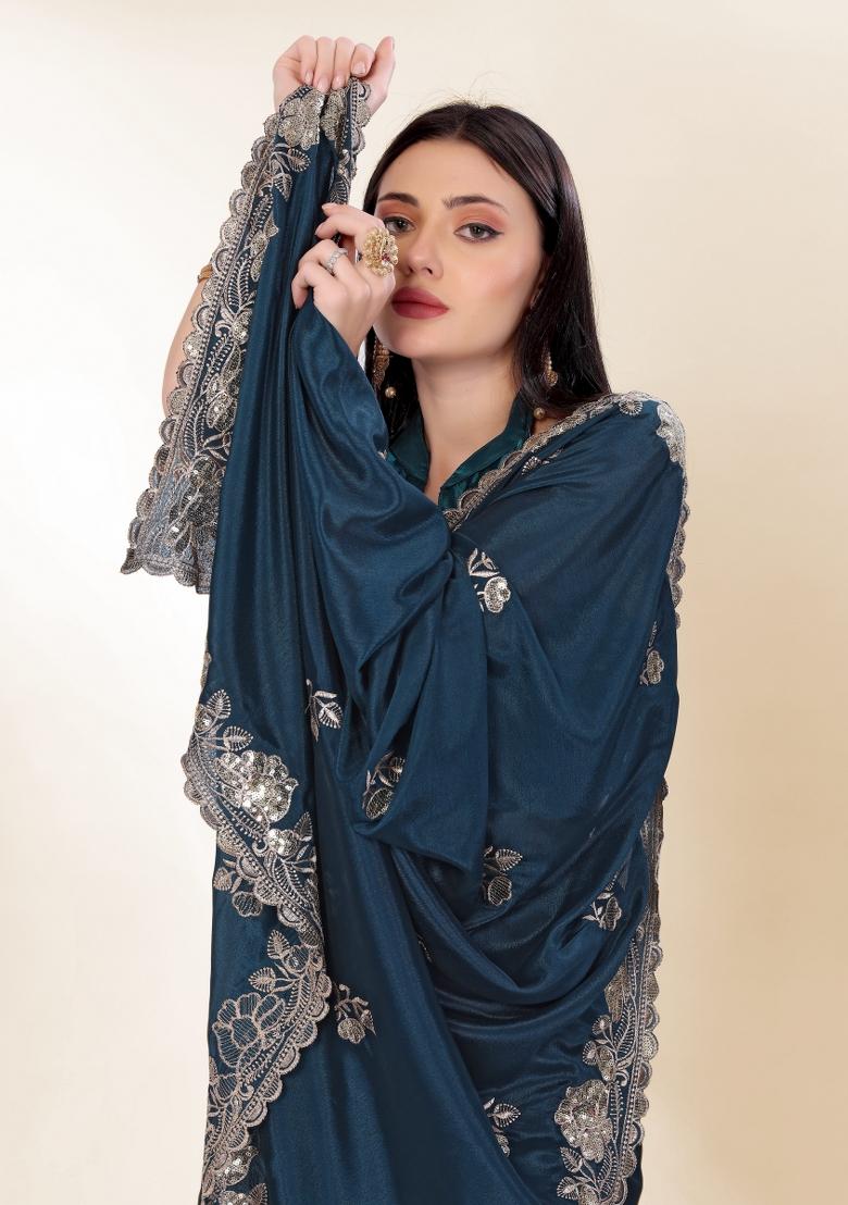 Blue Embroidered Silk Saree Set