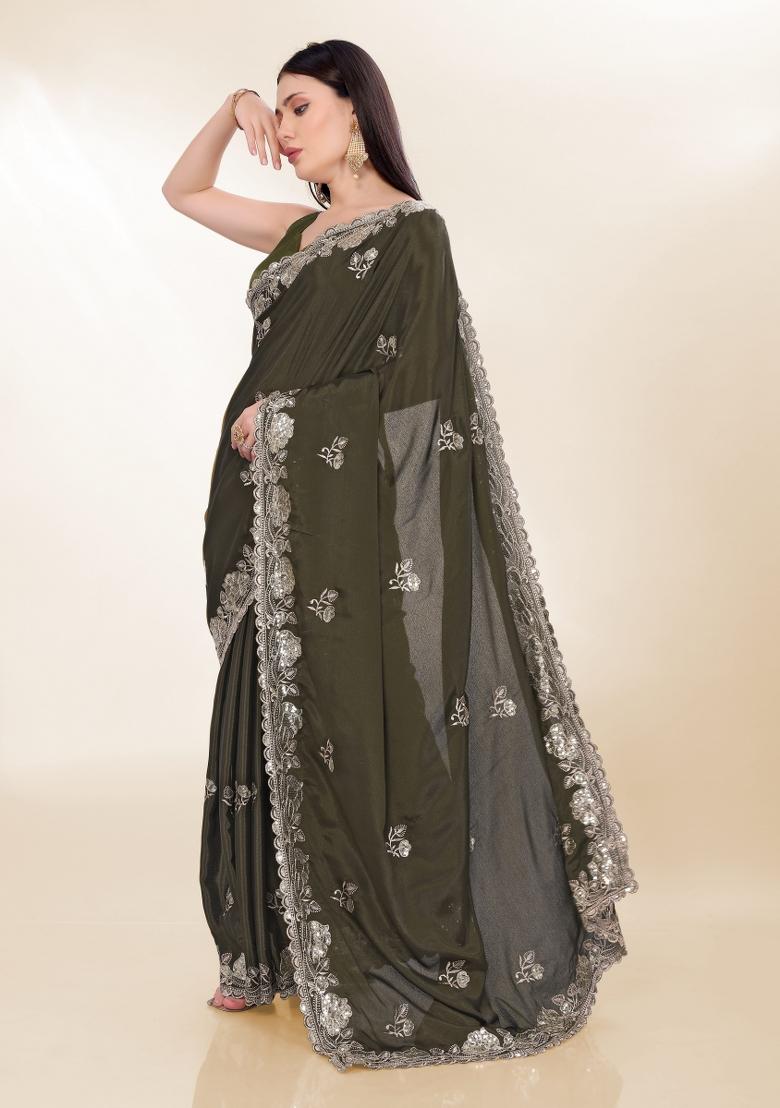 Mahendi Green Embroidered Silk Saree Set