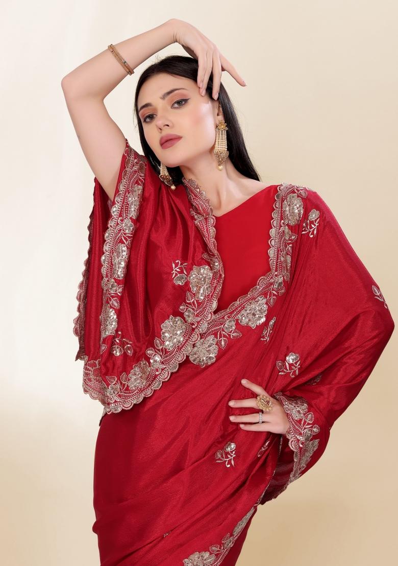 Red Embroidered Silk Saree Set