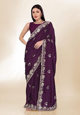 Purple Embroidered Silk Saree Set