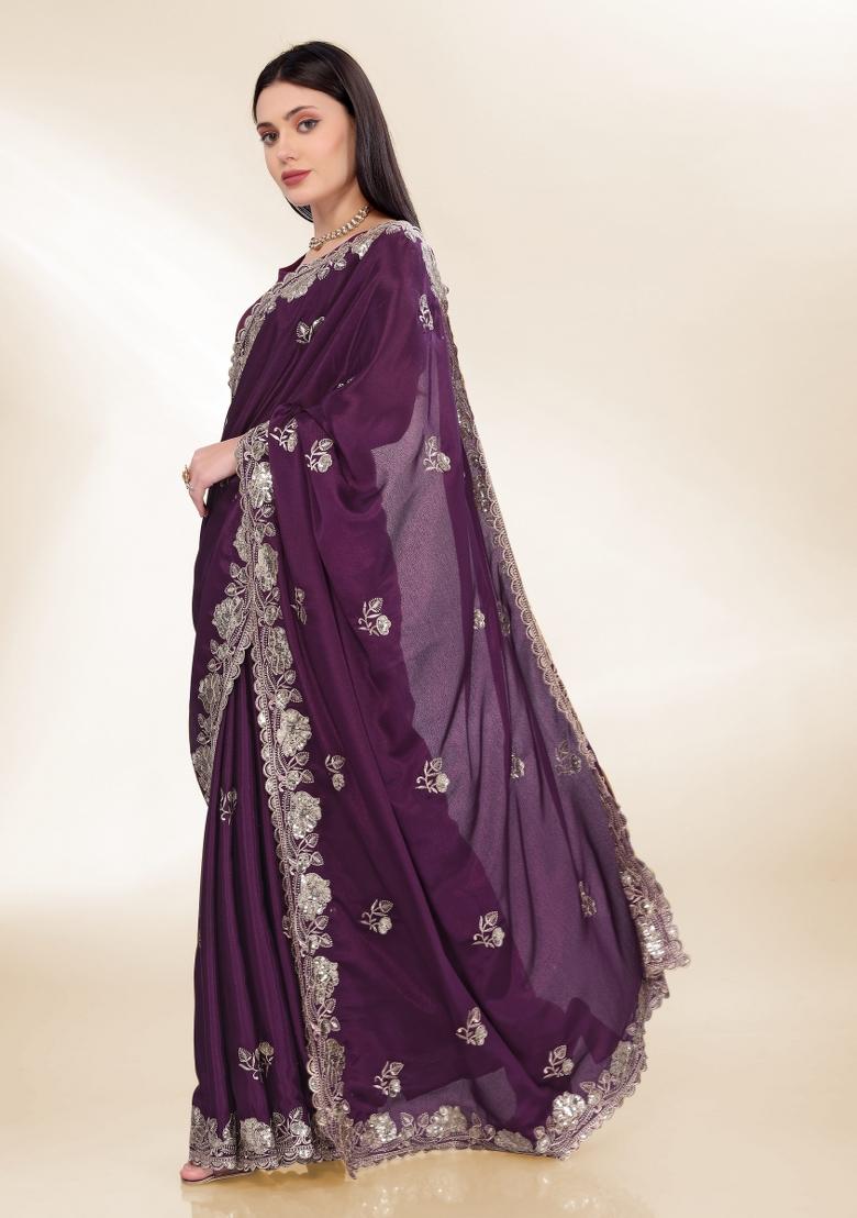 Purple Embroidered Silk Saree Set