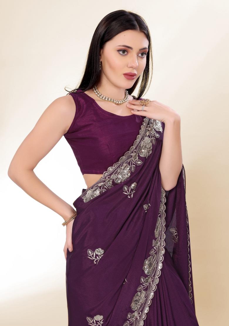 Purple Embroidered Silk Saree Set
