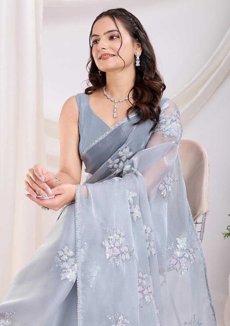 Grey Embroidered Jimmy Choo Saree Set