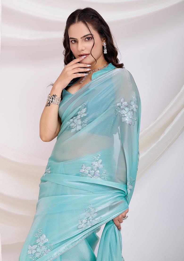Sky Blue Embroidered Jimmy Choo Saree Set