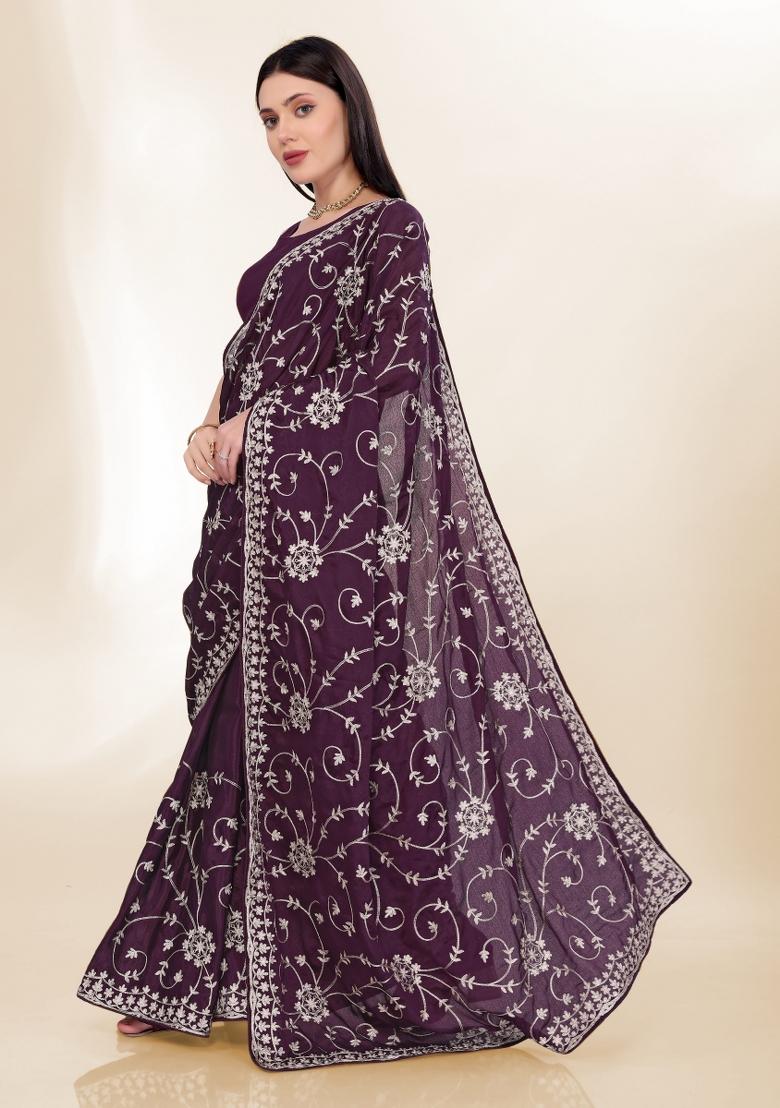 Wine Embroidered Silk Saree Set