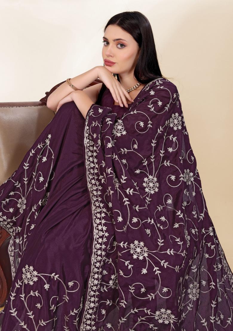 Wine Embroidered Silk Saree Set