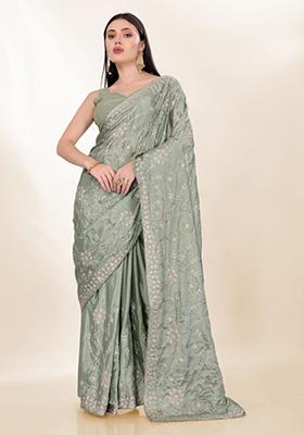 Mahendi Green Embroidered Silk Saree Set