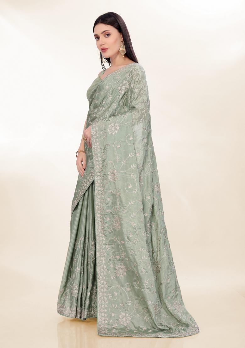 Mahendi Green Embroidered Silk Saree Set