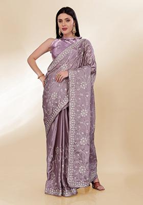 Light Purple Embroidered Silk Saree Set