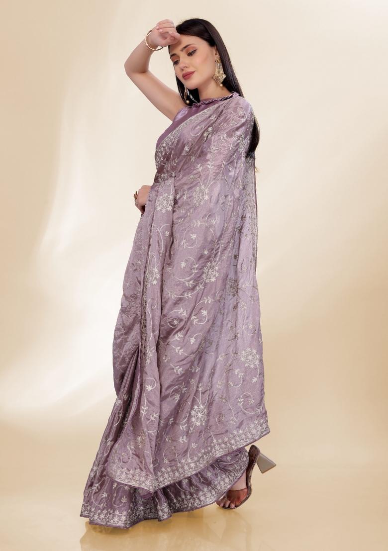 Light Purple Embroidered Silk Saree Set