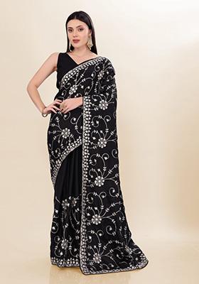 Black Embroidered Silk Saree Set