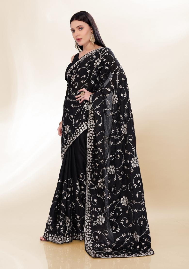 Black Embroidered Silk Saree Set