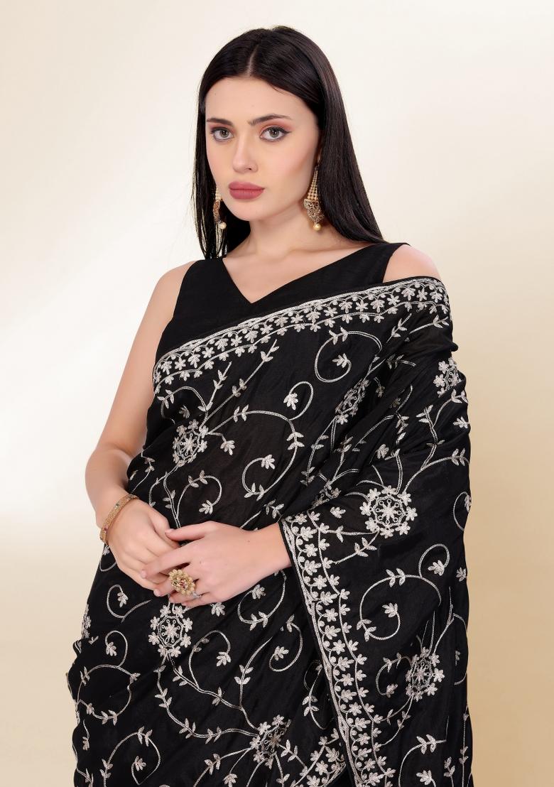 Black Embroidered Silk Saree Set